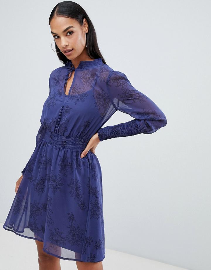 Boohoo Chiffon Tie Neck Dress In Blue Floral - Multi