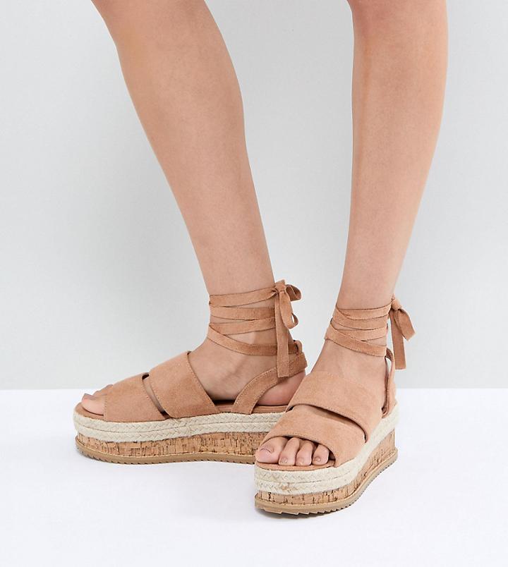 Lost Ink Natural Beige Ankle Tie Flatform Sandals - Beige