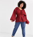 Asos Design Curve Broderie Kimono Sleeve Top With Belt Detail