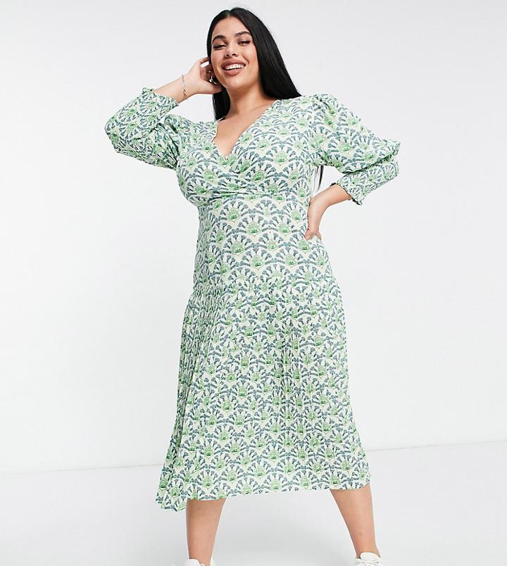 Never Fully Dressed Plus Puff Sleeve Pleated Midaxi Dress In Green Geo Print-multi