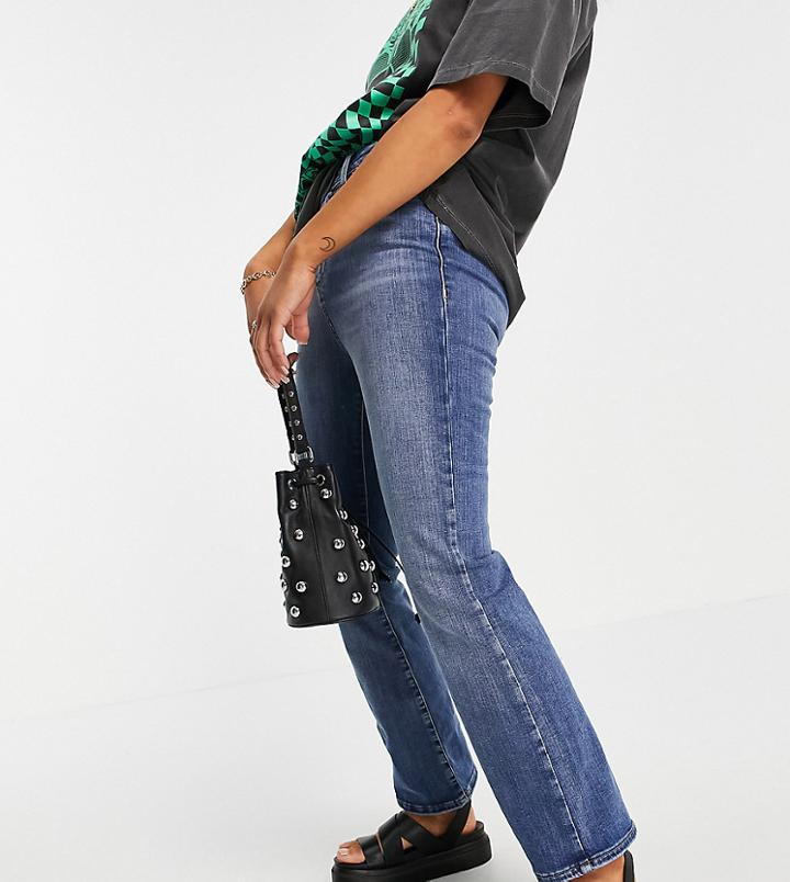 Asos Design Petite High Rise Y2k Stretch Flare Jeans In Vintage Mid Wash-blues