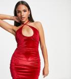 Asyou Ruched Halter Velvet Mini Dress-red