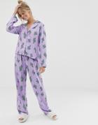 Asos Design Cactus Print Pyjama Pants Set In 100% Modal - Blue