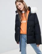 Asos Design Puffer Jacket With Waist Detail And Faux Fur Hood - Black