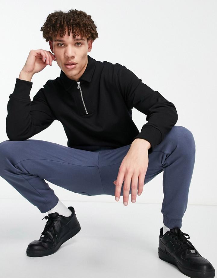 River Island Zip Neck Sweatshirt In Black