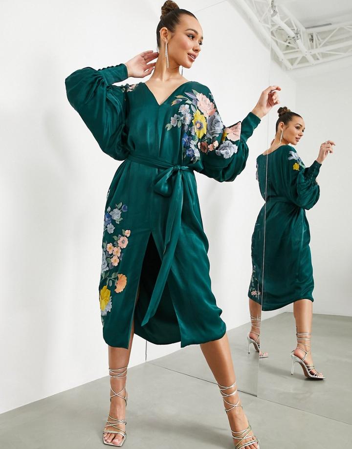 Asos Edition Satin Belted Midi Dress With Floral Embroidery In Forest Green