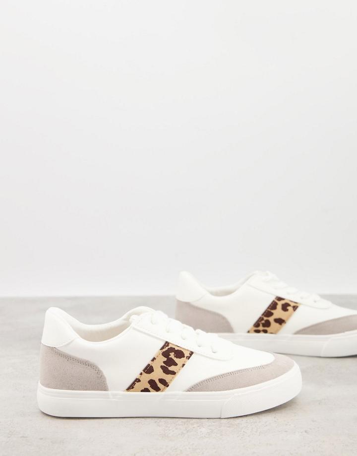London Rebel Side Stripe Lace Up Sneakers In White With Leopard