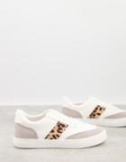 London Rebel Side Stripe Lace Up Sneakers In White With Leopard