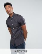 Asos Tall Slim Shirt In Charcoal With Short Sleeves And Button Down Collar - Gray