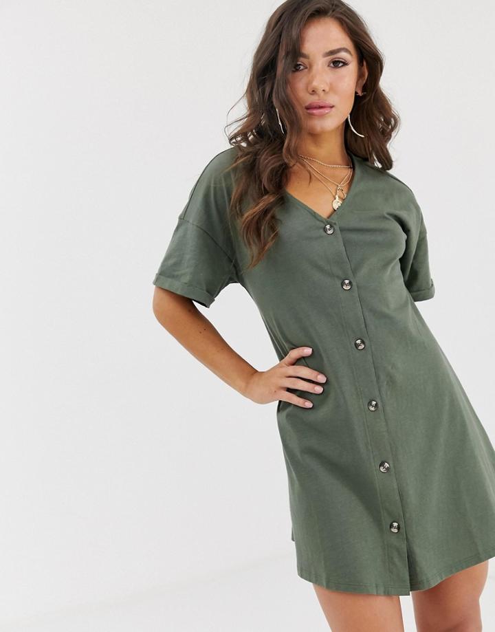 Asos Design Mini Slub Button Through Swing Dress - Green