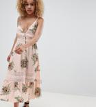 Sisters Of The Tribe Petite Cami Button Up Midi Dress With Crochet Panels - Pink