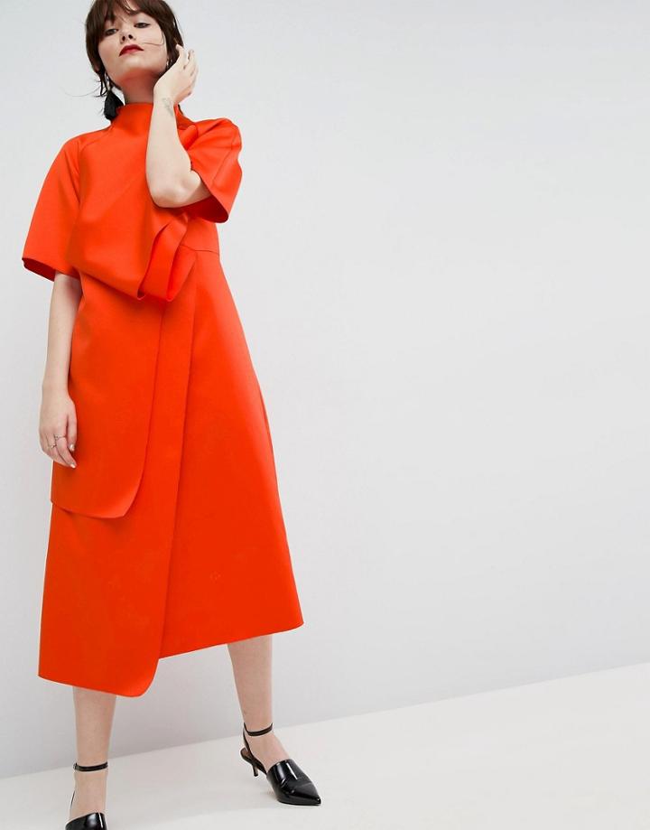 Asos White Satin Tuck Detail Midi Dress - Red