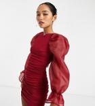 Asos Design Petite Ruched Organza Sleeve Mini Dress In Oxblood-multi