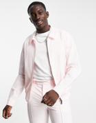 Asos Design Set Smart Harrington Jacket In Pink Seersucker