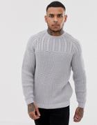 Asos Design Yoke Cable Knit Sweater In Light Gray - Gray