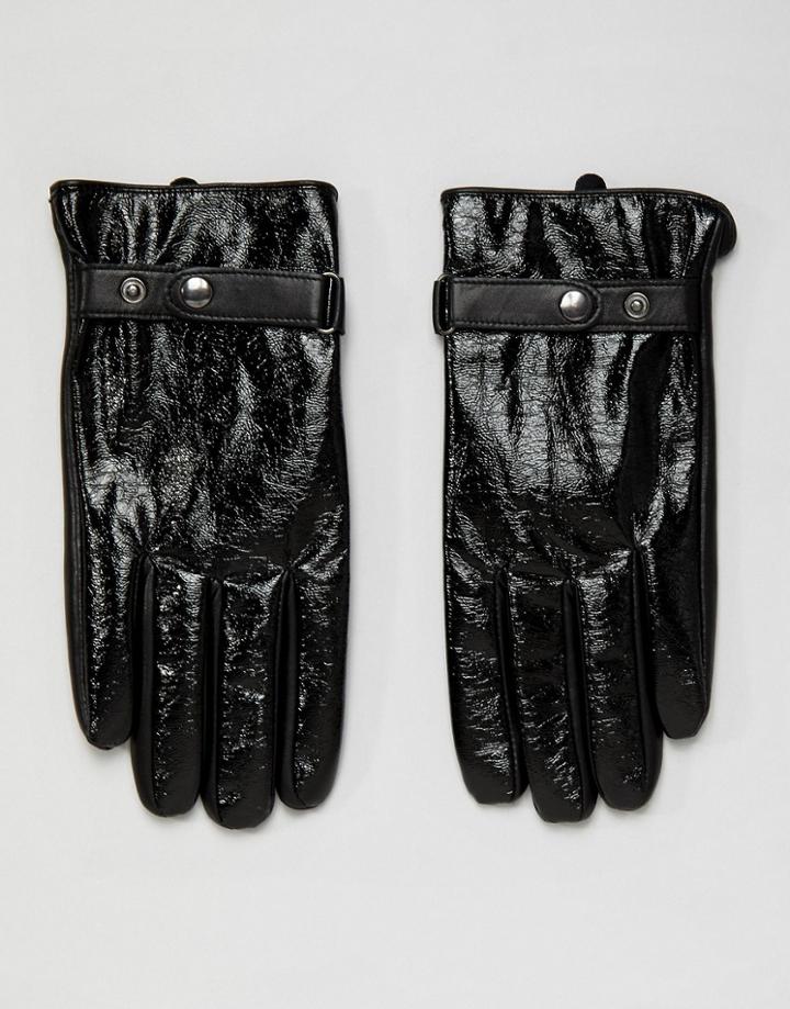 Asos Design Leather Touchscreen Gloves In Black Vinyl Finish - Black