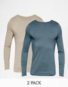 Asos Muscle Long Sleeve T-shirt With Boat Neck 2 Pack In Beige & Gray Save 19%