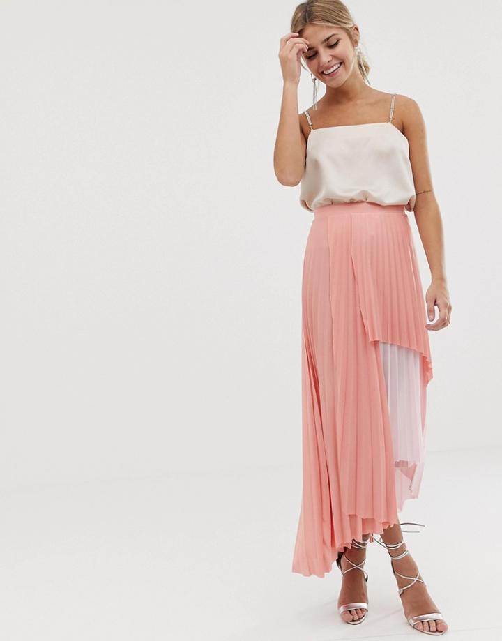 Asos Design Pleated Tiered Maxi Skirt In Pink Color Block