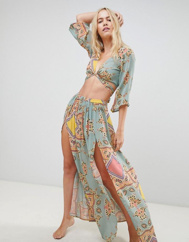 Asos Design Mint Paisley Print Two-piece Tie Front Beach Top - Multi