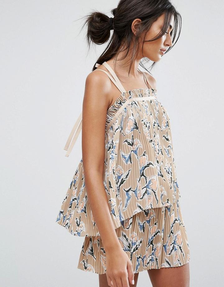 J.o.a Cami Top In Pleated Floral Print Co-ord - Multi