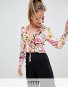 Missguided Petite Floral Tie Front Ruffle Blouse - Pink