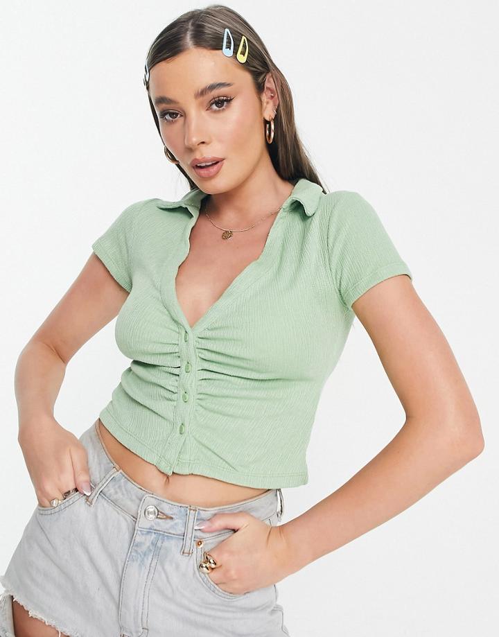 Stradivarius Textured 90s Ruched Shirt In Sage-green