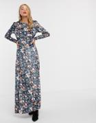 Asos Design Long Sleeve High Neck Velvet Maxi Dress In Floral Print-multi