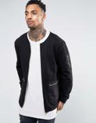 Asos Collarless Jersey Bomber Jacket With Woven Pocket & Gold Zips - Black