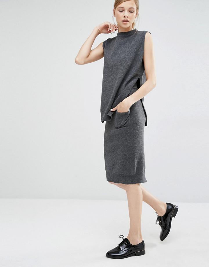Paisie Pencil Skirt In Knit With Front Pocket And Back Split - Gray