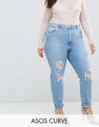 Asos Curve Farleigh High Waist Slim Mom Jeans In Miracle Light Wash With Rips - Blue