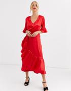 Dark Pink Satin Ruffle Hem Midaxi Dress In Red Leopard