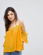 Qed London Lace Neck Cold Shoulder Angel Sleeve Top - Yellow
