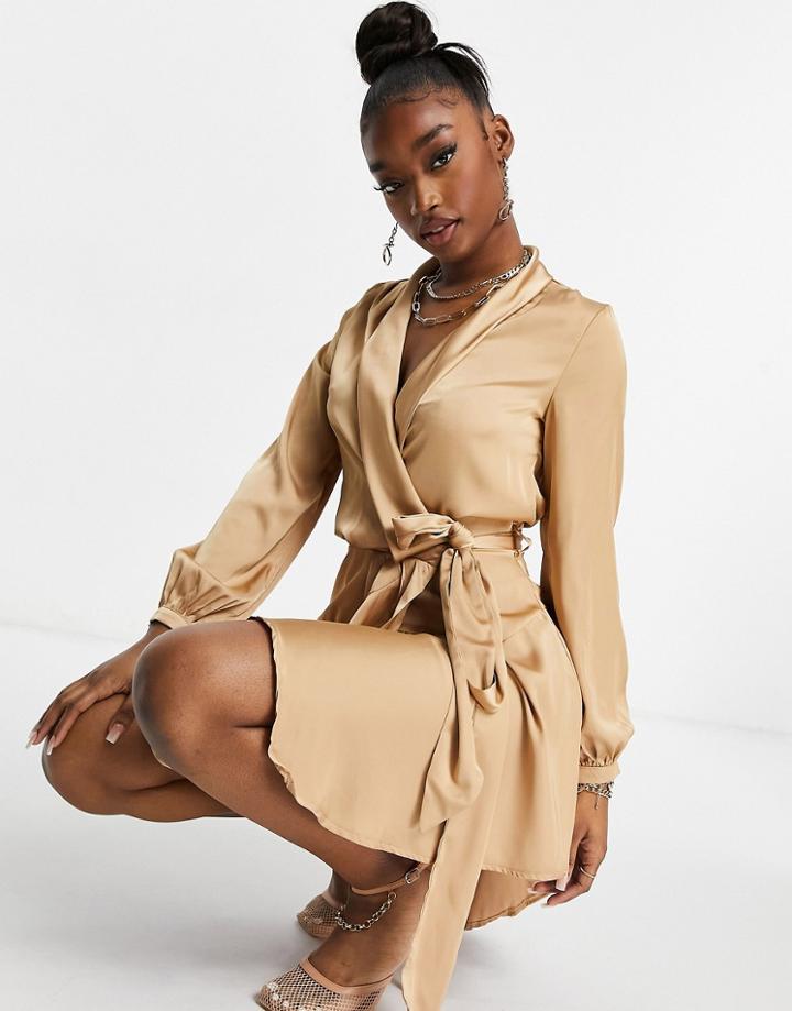 Club L Midi Satin Wrap Dress In Camel-neutral
