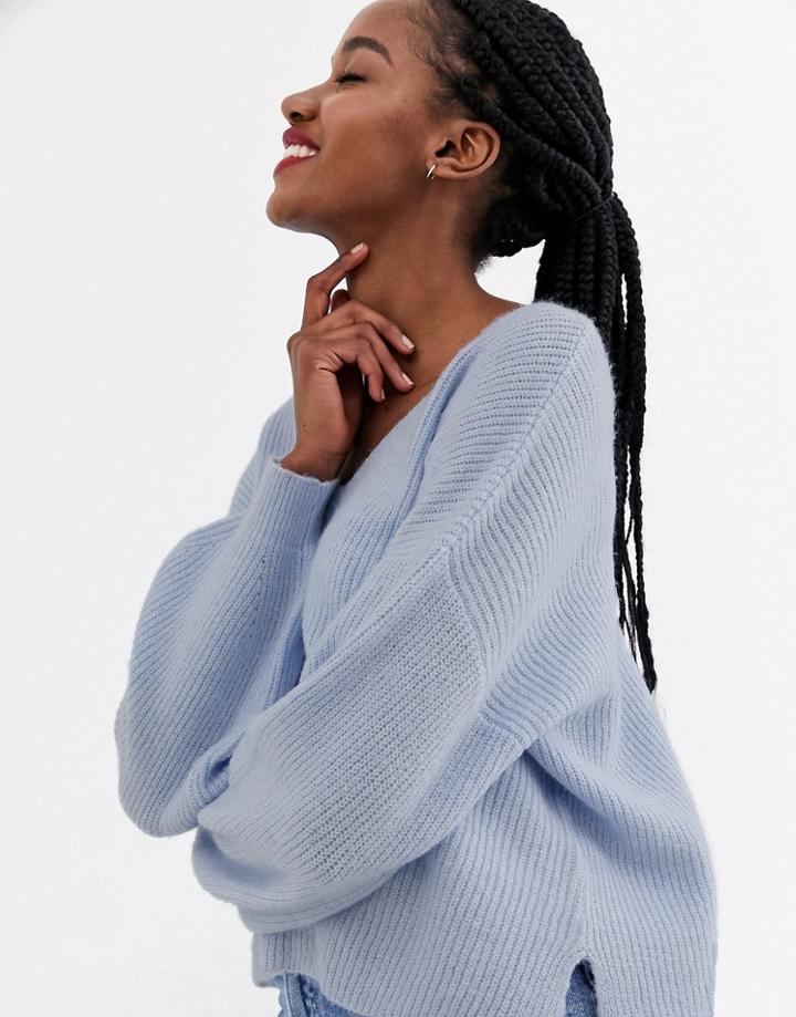 Asos Design Fluffy V Neck Ribbed Sweater With Balloon Sleeve In Recycled Blend-blue