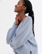 Asos Design Fluffy V Neck Ribbed Sweater With Balloon Sleeve In Recycled Blend-blue