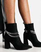 London Rebel Pointed Block Heel Ankle Boots In Black With Crystal Chain