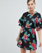 Ax Paris 3/4 Sleeve Tropical Print Dress - Black