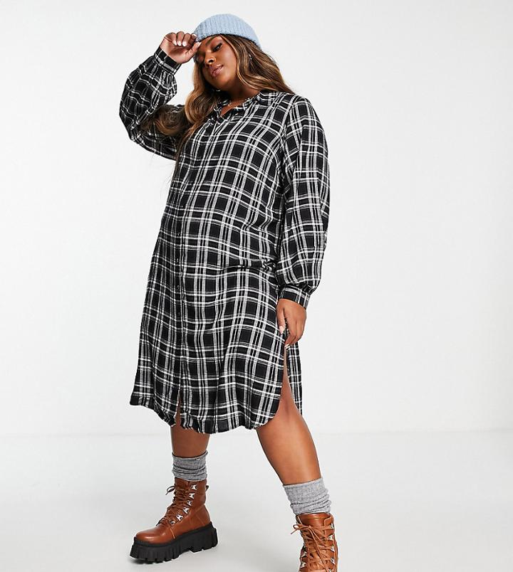 Simply Be Midi Boyfriend Shirt Dress In Black Check