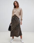 Asos Design Bias Cut Satin Midi Skirt In Leopard Print - Multi