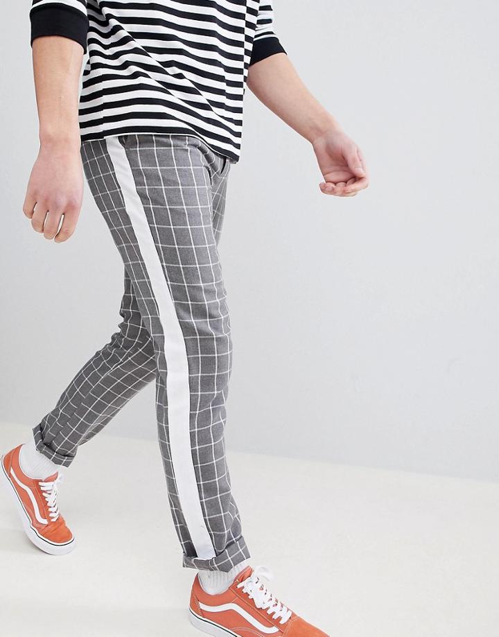 Asos Design Slim Pants In Gray Check With Side Stripe - Navy