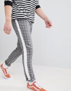 Asos Design Slim Pants In Gray Check With Side Stripe - Navy