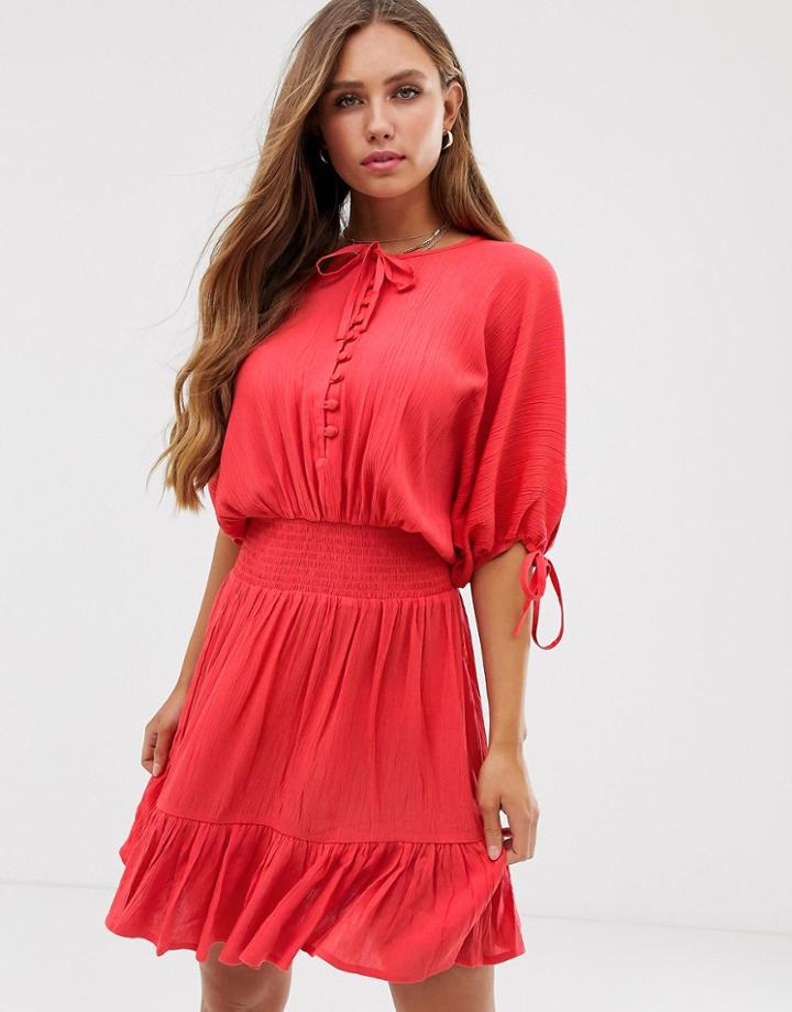 Asos Design Short Sleeve Mini Dress With Elasticated Waist In Crinkle - Red