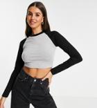 Asos Design Tall Fitted Long Sleeve Top With Contrast Raglan In Gray With Black-grey