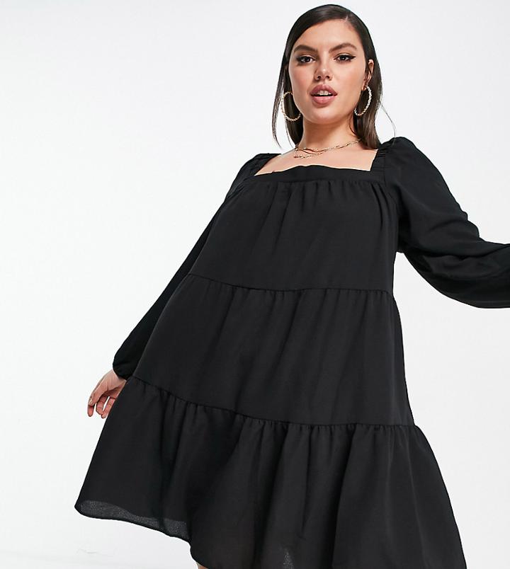 Asos Design Curve Tiered Trapeze Mini Smock Dress In Black