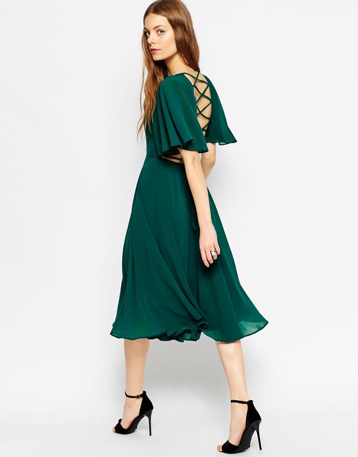 Asos Lace Up Back Caftan Sleeve Midi Dress - Oxblood