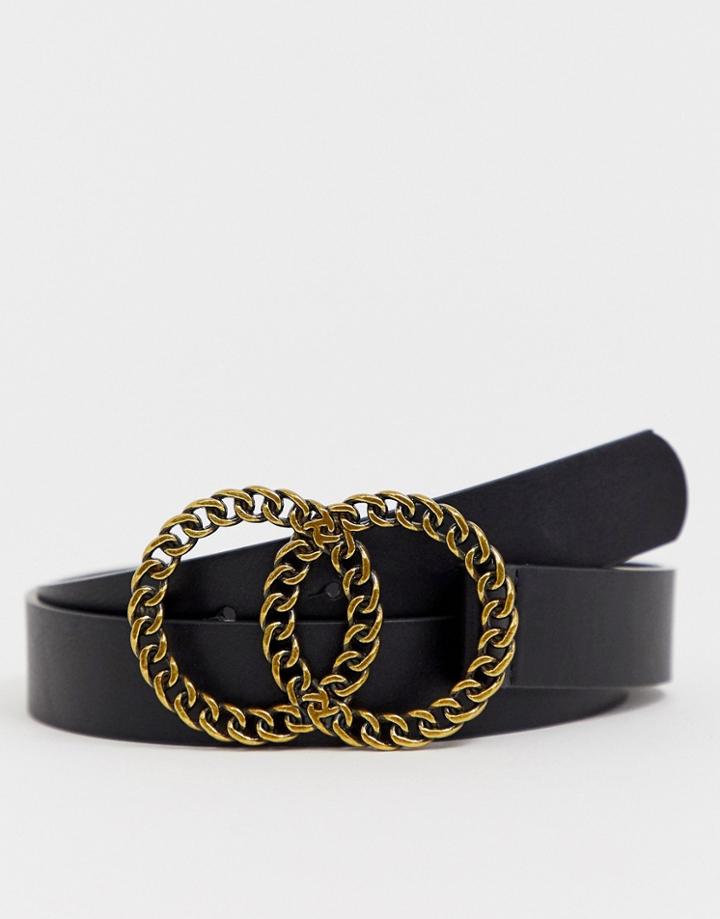 Asos Design Faux Leather Slim Belt In Black With Double Circle Chain Buckle - Black