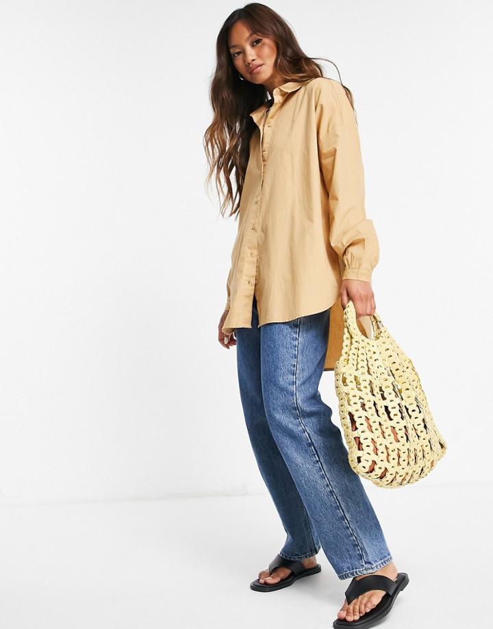 Vero Moda Organic Cotton Oversized Balloon Sleeve Shirt In Tan-brown