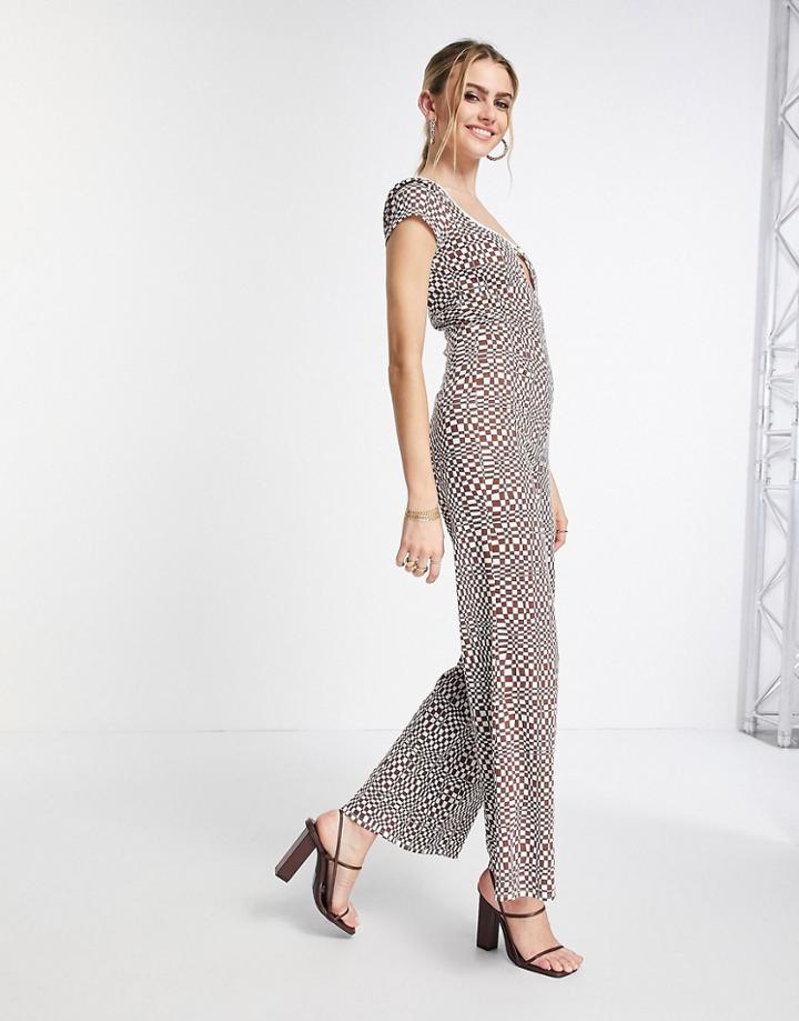 Asos Design Clip Keyhole Jumpsuit In Wavy Checkerboard-multi