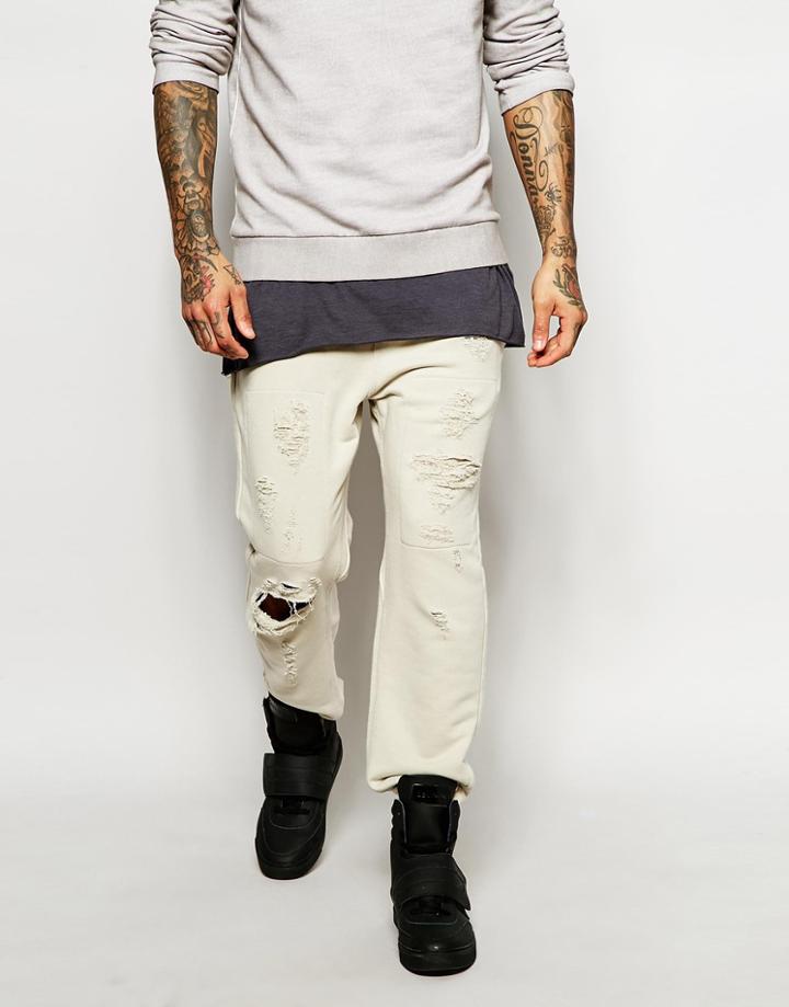 Asos Skinny Joggers In Rip And Repair With Raw Hem - Ecru