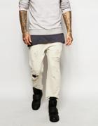 Asos Skinny Joggers In Rip And Repair With Raw Hem - Ecru